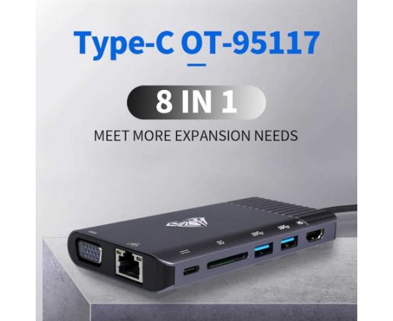 Aula OT-95117 8in1 USB-C к HDMI 4K 30Hz + VGA + USB3.0 x2 + PD + 1000M LAN + SD + 3.5mm аудиоразъем
