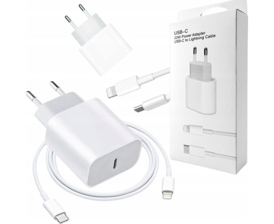 ECOBOX  ŁADOWARKA SIECIOWA 20W BIAŁA TYP-C PD  + KABEL IPHONE USB-C DO LIGHTNING BOX