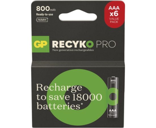 Akumulatori Baterijas  AAA (HR03), 1.2V, 800 mAh, GP, kartonik, 6-pack, ReCyko Pro