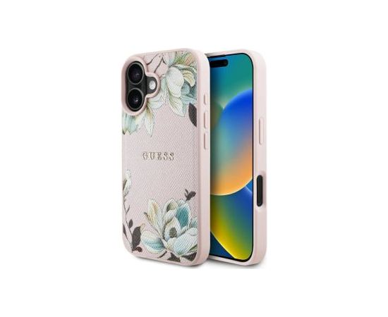Guess -  Etui Guess Grained Printed Flower Pattern MagSafe do iPhone 16 Pink