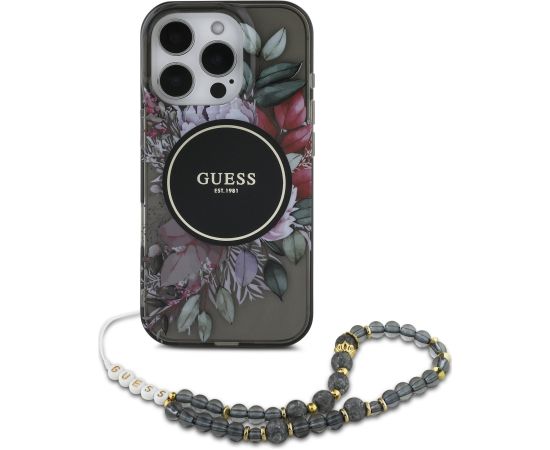 Guess IML Flowers Pearl Strap MagSafe Case Aizsargapvalks priekš Apple iPhone 16 Pro Max