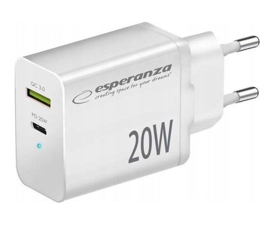 Esperanza EZC105W Lādētājs Type C 20W + USB QC3.0 18W
