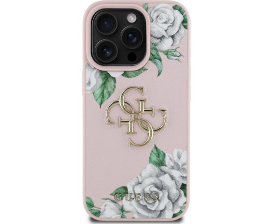 Guess PU Grained Roses 4G Metal Logo Case Aizsargapvalks priekš Apple iPhone 16 Pro