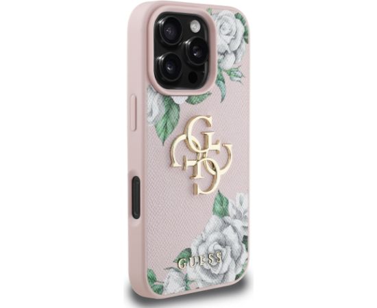Guess PU Grained Roses 4G Metal Logo Case Aizsargapvalks priekš Apple iPhone 16 Pro