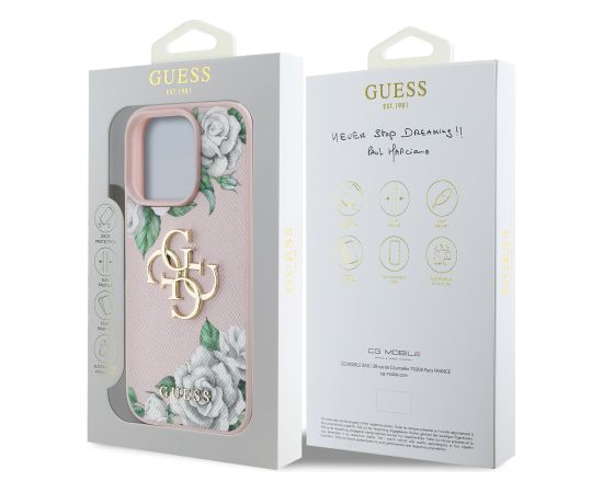 Guess PU Grained Roses 4G Metal Logo Case Aizsargapvalks priekš Apple iPhone 16 Pro