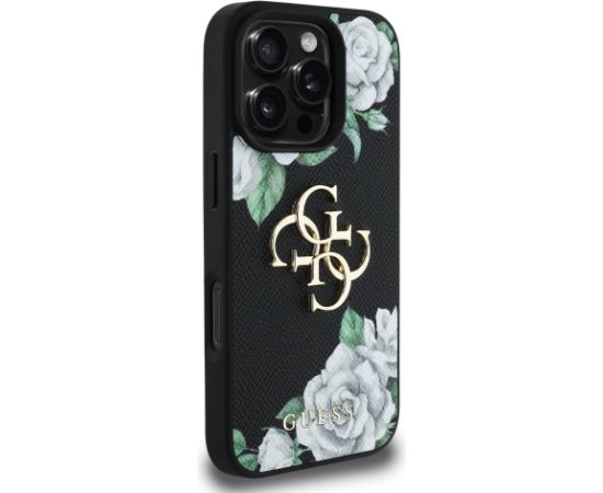 Guess PU Grained Roses 4G Metal Logo Case Aizsargapvalks priekš Apple iPhone 16 Pro