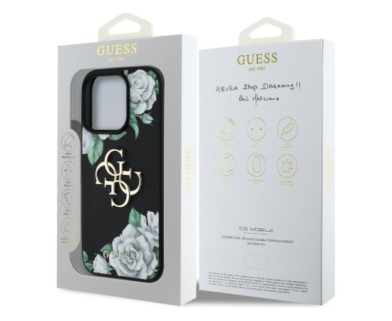 Guess PU Grained Roses 4G Metal Logo Case Aizsargapvalks priekš Apple iPhone 16 Pro