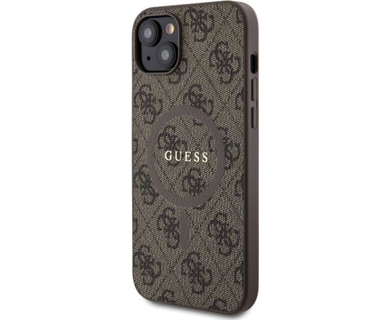 Guess PU Leather 4G Colored Ring MagSafe Case for iPhone 15 Plus Brown
