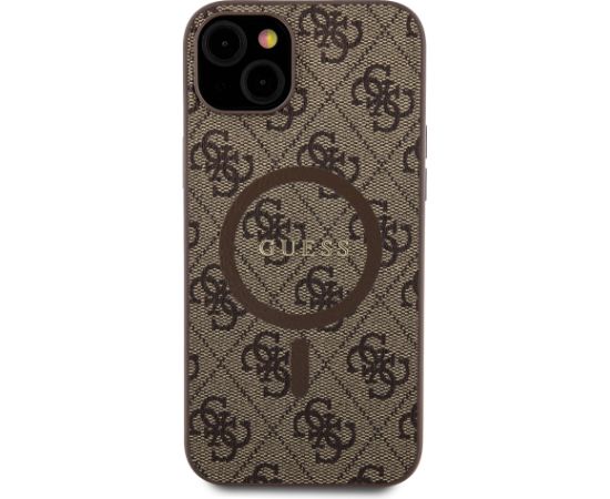 Guess PU Leather 4G Colored Ring MagSafe Case for iPhone 15 Plus Brown