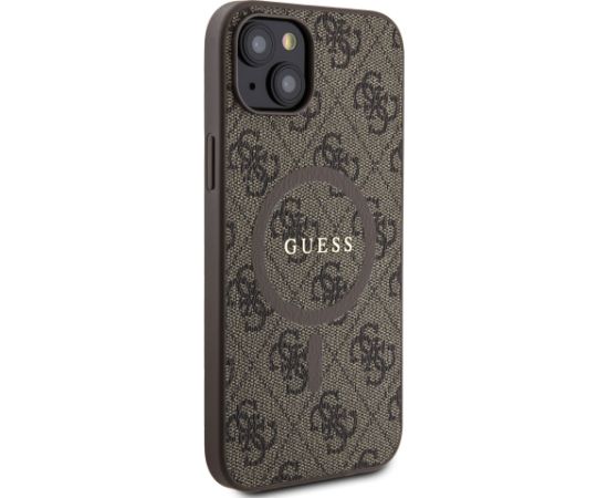 Guess PU Leather 4G Colored Ring MagSafe Case for iPhone 15 Plus Brown