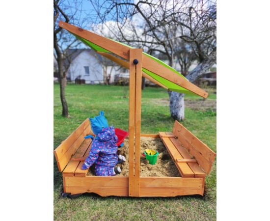 Impregnēta koka smilšu kaste ar zaļu jumtiņu un 250 kg smiltīm, 120x120 cm