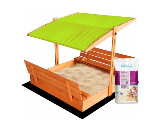 Impregnēta koka smilšu kaste ar zaļu jumtiņu un 300 kg smiltīm, 140x140 cm Smilšu kastes