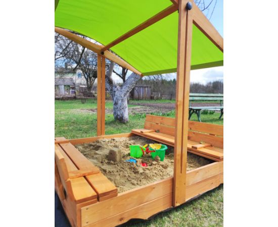 Impregnēta koka smilšu kaste ar zaļu jumtiņu un 300 kg smiltīm, 140x140 cm Smilšu kastes