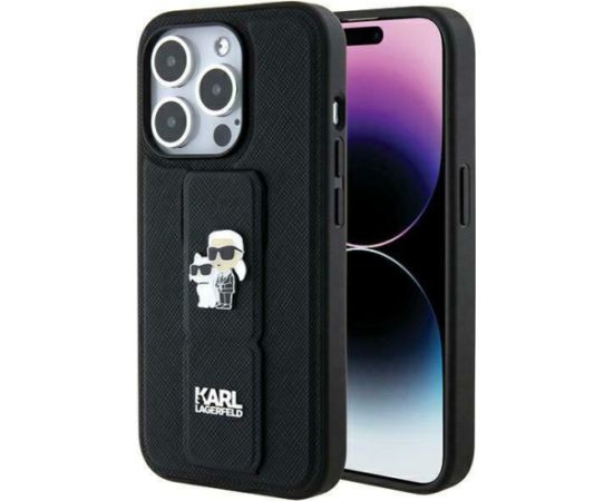 Karl Lagerfeld KLHCP13LGSAKCPK iPhone 13 Pro  melns cietais maciņš Gripstand Saffiano Karl&Choupette Pins
