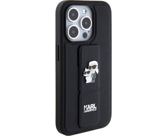 Karl Lagerfeld KLHCP13LGSAKCPK iPhone 13 Pro  melns cietais maciņš Gripstand Saffiano Karl&Choupette Pins