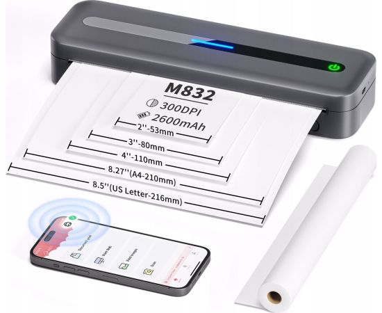 Pārnēsājams A4 termoprinteris bez tintes Bluetooth Ios/Android / Phomemo / M832 / Pelēks