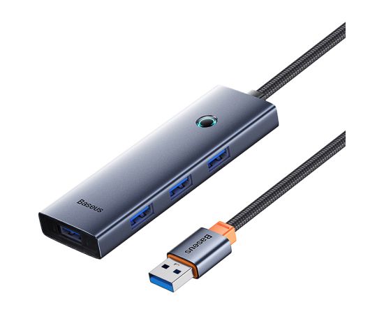 Baseus Sakabinātājs USB-A uz USB 3.0 4 porti + USB-C barošanas ports 50 cm, pelēks
