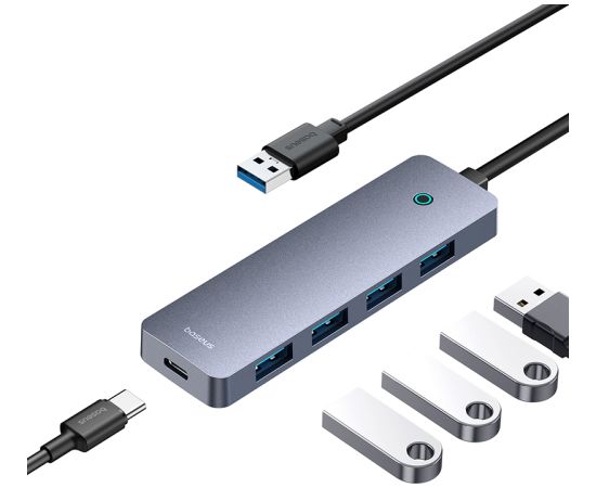 Baseus Sakabinātājs USB-A uz USB 3.0 4 porti + USB-C barošanas ports 15 cm, pelēks