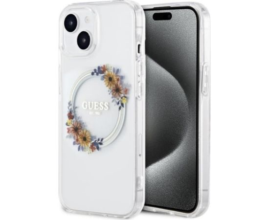 Guess Apple  iPhone 15 PC TPU Flowers Ring Glossy Logo MagSafe Transparent