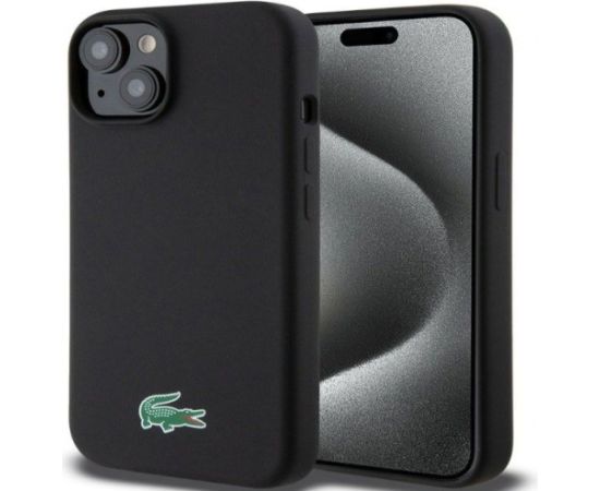 Lacoste Apple  iPhone 15 6.1 Liquid Silicone Microfiber Croc Logo Magsafe Back Cover Black