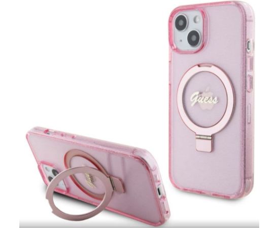 Guess Apple  iPhone 15 IML Ring Stand Glitter MagSafe Case Pink
