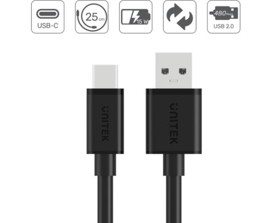 UNITEK USB CABLE USB-A — USB-C 25CM, Y-C480BK