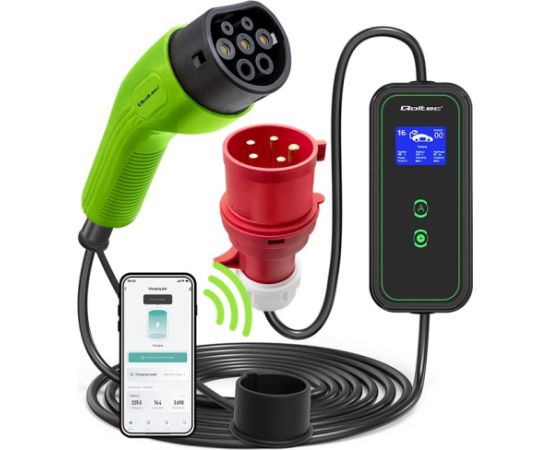 Qoltec Mobile EV Car Charger Adjustable 2in1 Type2 | 11kW | CEE 5 PIN | Wi-fi| LCD | 3 phases | Portable | Wallbox | 5m
