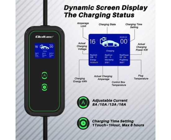 Qoltec Mobile EV Car Charger Adjustable 2in1 Type2 | 11kW | CEE 5 PIN | Wi-fi| LCD | 3 phases | Portable | Wallbox | 5m
