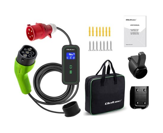 Qoltec Mobile EV Car Charger Adjustable 2in1 Type2 | 11kW | CEE 5 PIN | Wi-fi| LCD | 3 phases | Portable | Wallbox | 5m