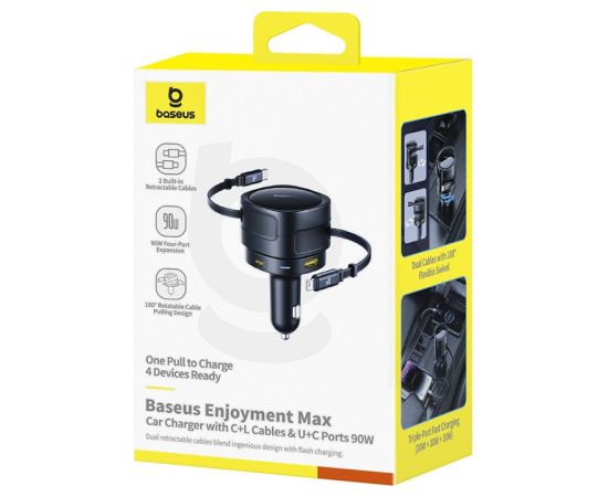 Baseus Enjoyment Max car charger with USB-C+Lightning cables and USB-A+USB-C ports 90W Black