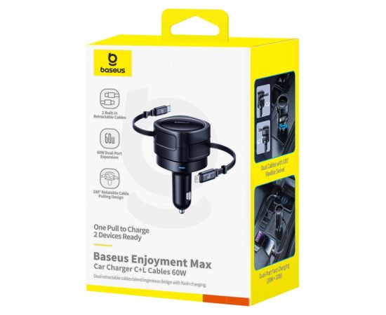Baseus Enjoyment Max car charger with USB-C+Lightning cables 60W Black