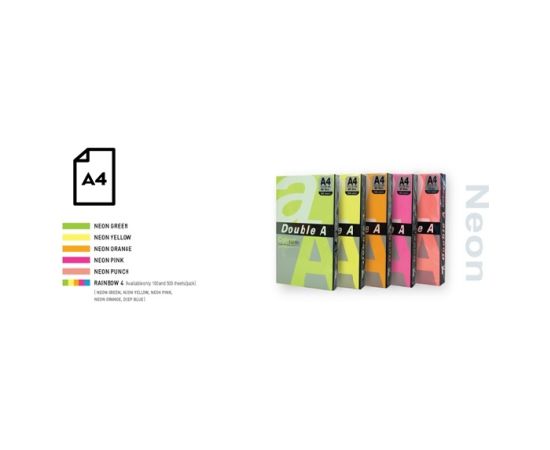 Цветная неоновая бумага Double A, 75 г, A4, 100 листов, Rainbow 4, 5 Neon Colors