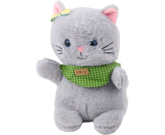 Leantoys Pluszowa Maskotka Przytulanka Kot Szary Zielona Apaszka Kokardka 22cm