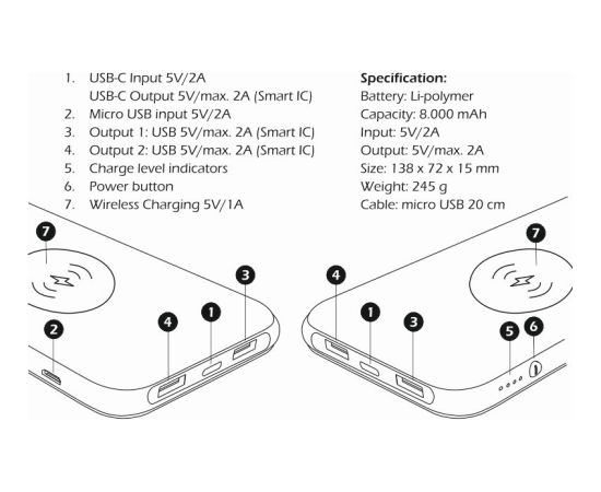 Swissten Slim Recovery Power Bank 2A / USB / Type-C / QI Беспроводная зарядка для устройств 8000 mAh