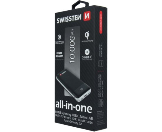 Swissten All In One Power Bank 3A / PD / QC 3.0 / Wireless 10W / USB / USB-C / 10000 mAh