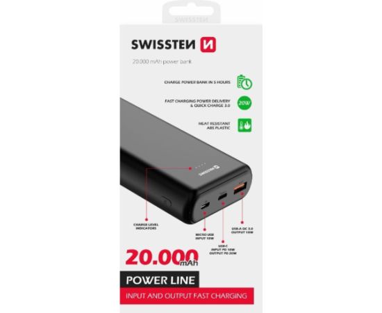 Swissten Line Power Banka Ārējās Uzlādes Baterija USB / USB-C / Micro USB / 20W / 20000 mAh