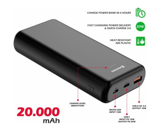 Swissten Line Power Banka Ārējās Uzlādes Baterija USB / USB-C / Micro USB / 20W / 20000 mAh