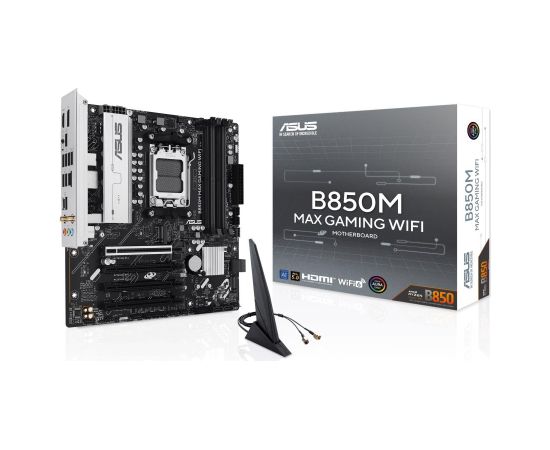 Mainboard ASUS AMD B850 SAM5 Micro-ATX Memory DDR5 Memory slots 4 3xPCI-Express 4.0 16x 1xPCI-Express 5.0 16x 3xM.2 1xHDMI 1xDisplayPort 5xUSB 2.0 2xUSB 3.2 2xUSB-C 1xRJ45 3xAudio port B850MMAXGAMINGWIFI
