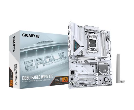 Mainboard GIGABYTE AMD B850 SAM5 ATX Memory DDR5 Memory slots 4 2xPCI-Express 3.0 1x 1xPCI-Express 4.0 4x	 1xPCI-Express 5.0 16x 3xM.2 1xHDMI 1xDisplayPort 4xUSB 2.0 4xUSB 3.2 1xUSB-C 1xPS/2 1xRJ45 3xAudio port B850EAGLEWF7ICE