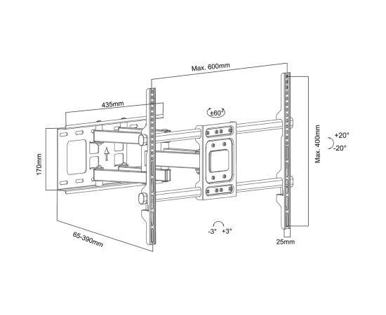Maclean TV Mount, max VESA 600x400, 32-85", 60kg, horizontal and vertical angle adjustment, profile 65-390mm, black, MC-789