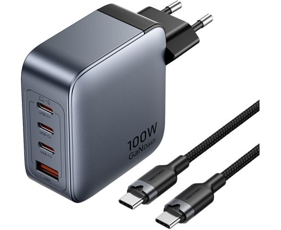 Vention power charger 3x USB-C, 1x USB-A, (100W/100W/30W/30W) (grey) with USB-C to USB-C cable (1m) (black)