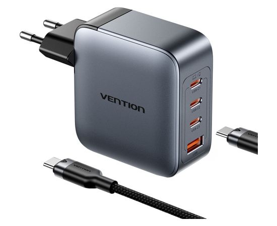 Vention power charger 3x USB-C, 1x USB-A, (100W/100W/30W/30W) (grey) with USB-C to USB-C cable (1m) (black)