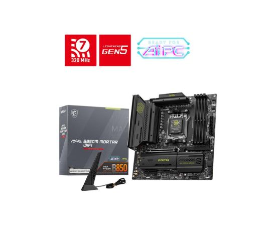 Mainboard MSI AMD B850 SAM5 Micro-ATX Memory DDR5 Memory slots 4 1xPCI-Express 4.0 4x	 1xPCI-Express 4.0 8x 1xPCI-Express 4.0 16x 1xPCI-Express 5.0 16x 3xM.2 1xHDMI 3xUSB 2.0 4xUSB 3.2 2xUSB-C 1xOptical S/PDIF 1xRJ45 2xAudio port MAGB850MMORTARWIFI