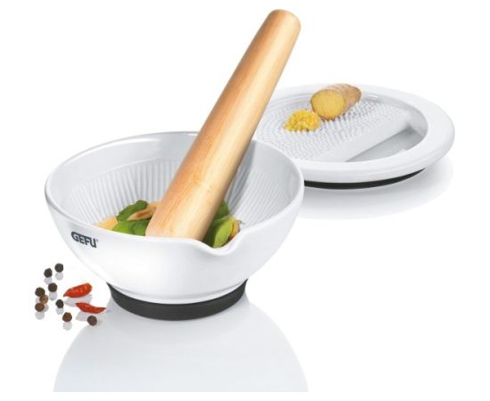 GEFU SURI Walnut, White Porcelain, Teak wood Mortar & pestle