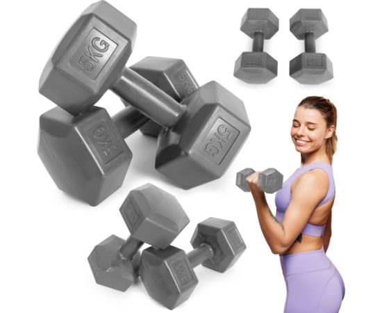 Sešstūra hanteles komplekts 2x5 kg vingrošanas atsvari fitnesa atsvari pelēks ModernHome