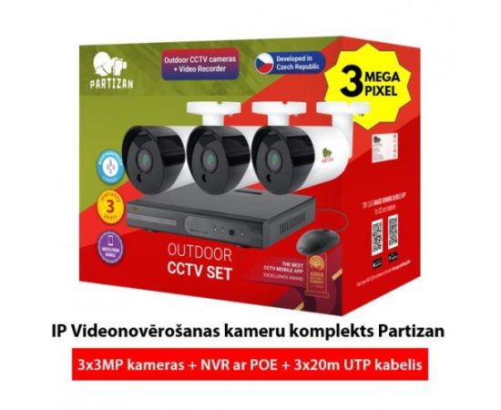 IP Videonovērošanas kameru komplekts : 3MPix kamera + NVR ar POE + 20m UTP kabelis