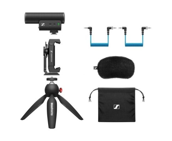 Sennheiser MKE 400 MOBILE KIT - Mikrofon pojemnościowy, superkardioidalny, wyposażony w filtr dolnoprzepustowy ze statywem Manfrotto