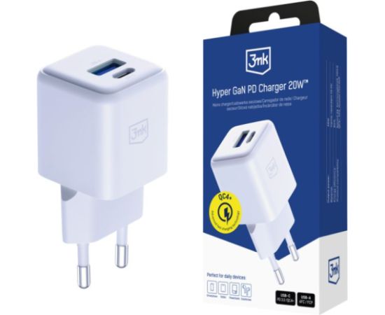 3MK Hyper GaN Fast Charger Tīkla Lādētājs USB-C / USB-A 20W