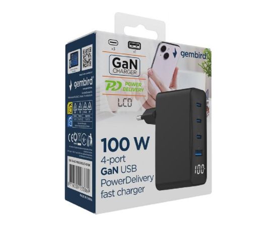 CHARGER USB 100W 4PORT GAN/TA-UC-PDQC100LCD-01-BK GEMBIRD