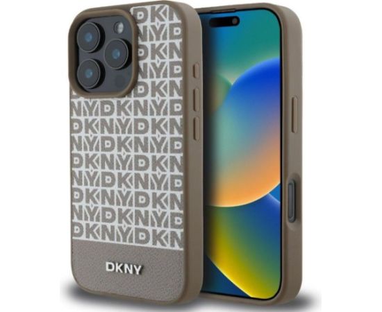 DKNY Apple  iPhone 16 Pro Max PU Leather Repeat Pattern Bottom Stripe MagSafe Case Brown